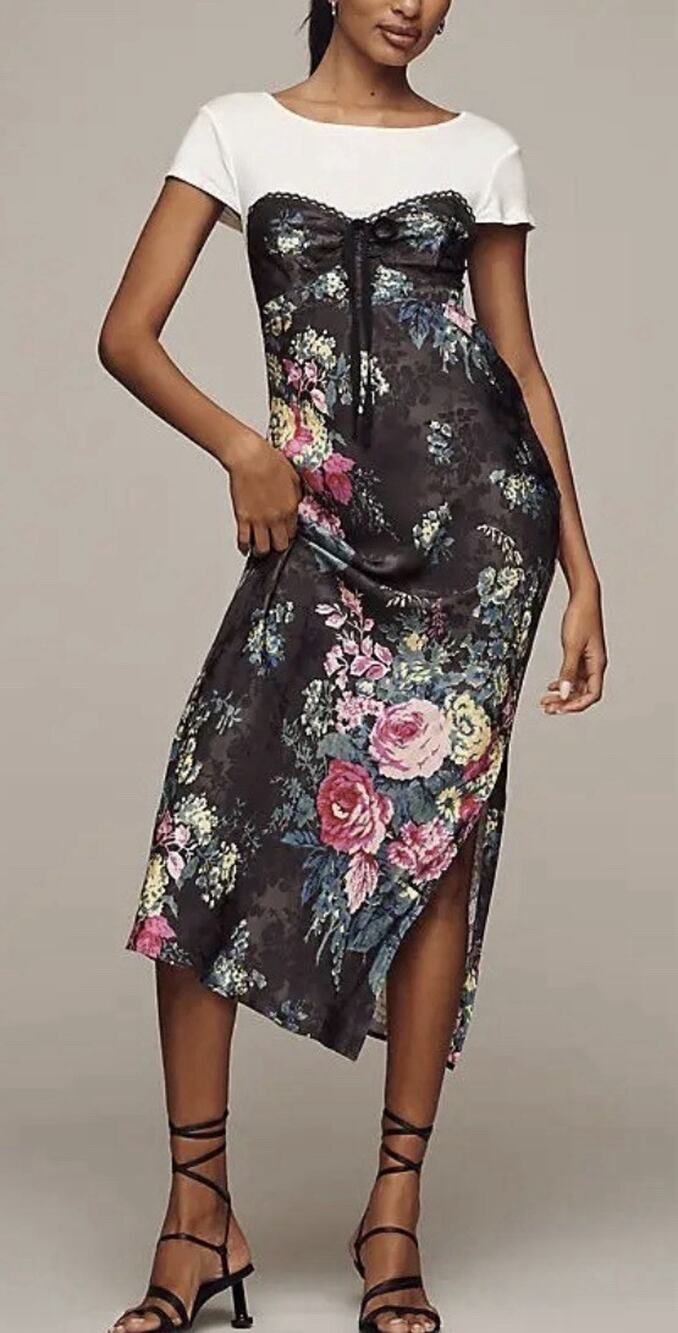 Anthropologie Twofer Midi Slip Dress Floral Zipper Style Size XS